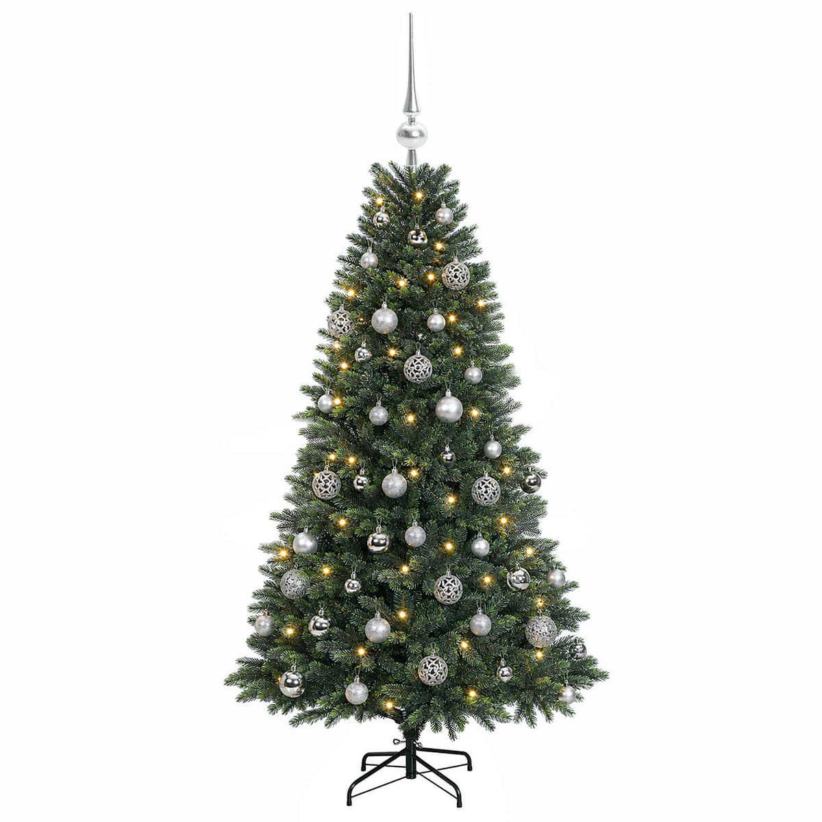 Műfenyő gömbökkel 150 cm 150 LED Meleg fehér PVC és fém Zöld