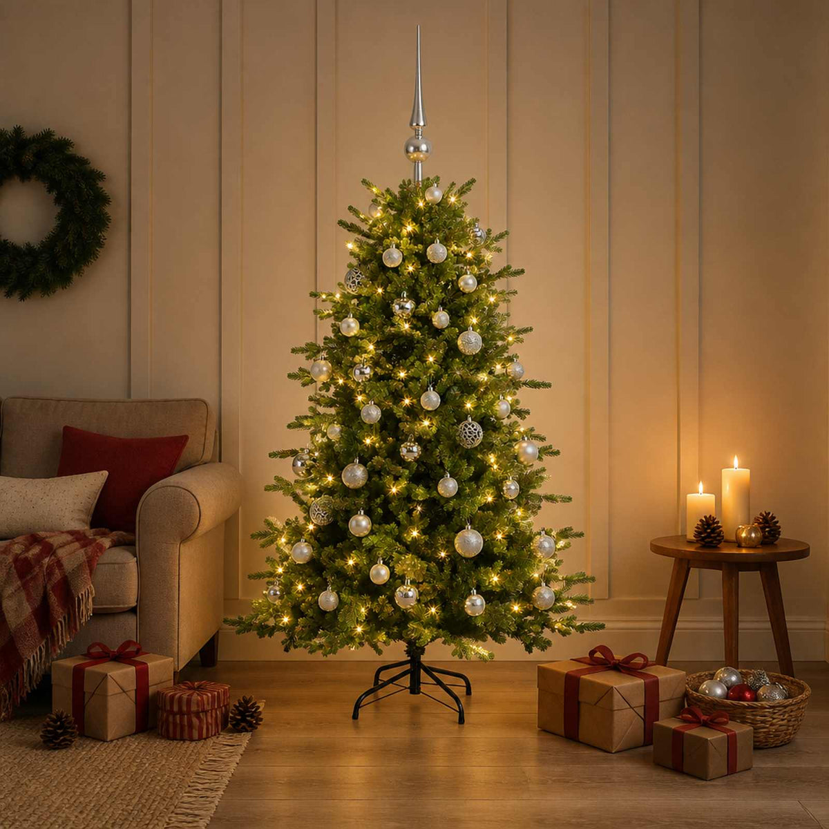 Műkarácsonyfa gömbbel 150 cm 150 LED Meleg fehér PVC és fém