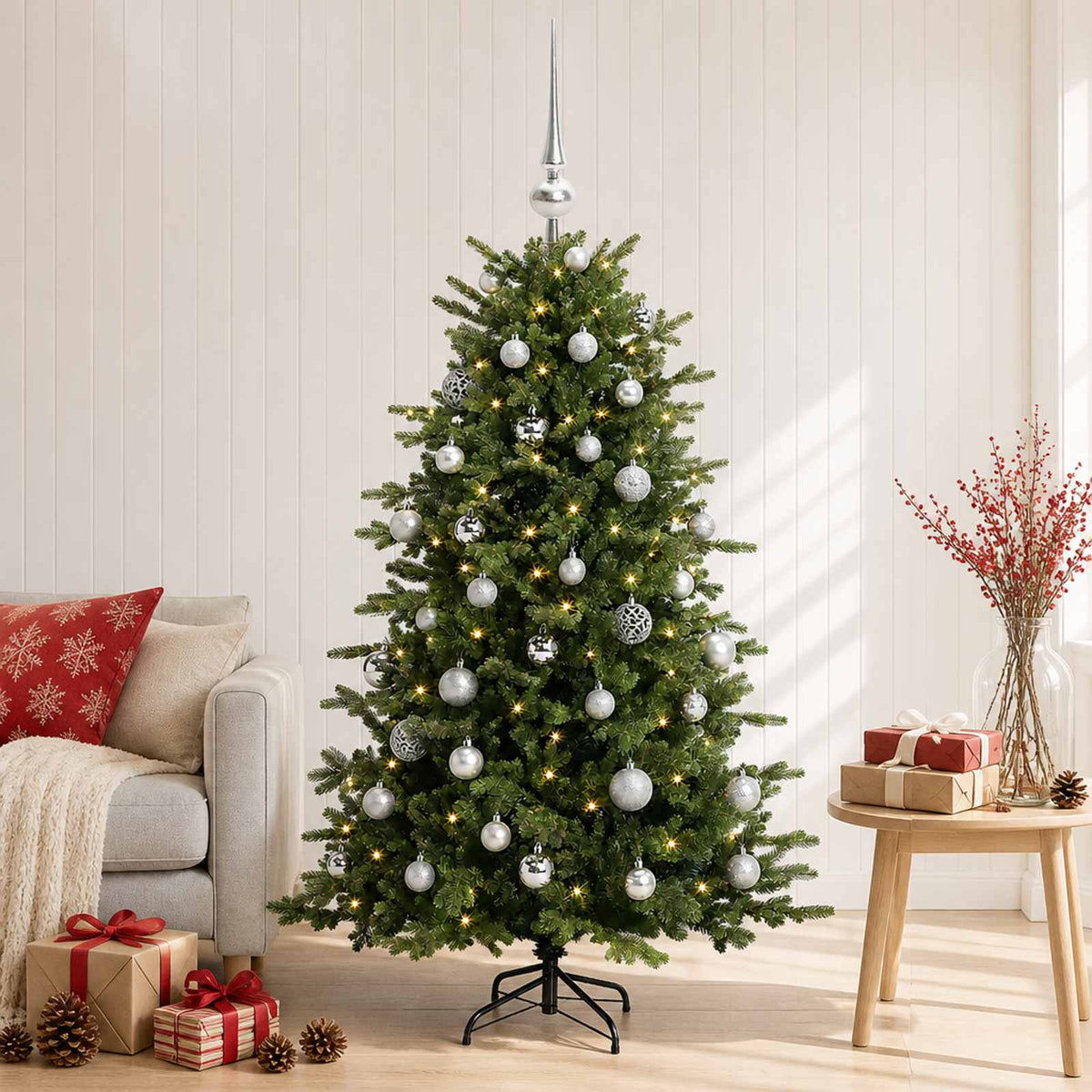 Műkarácsonyfa gömbbel 150 cm 150 LED Meleg fehér PVC és fém