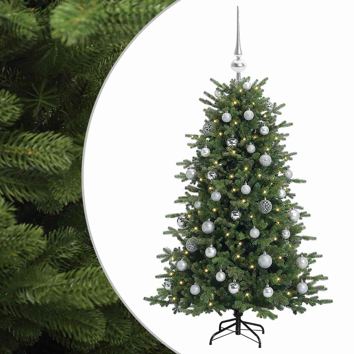 Műkarácsonyfa gömbbel 150 cm 150 LED Meleg fehér PVC és fém