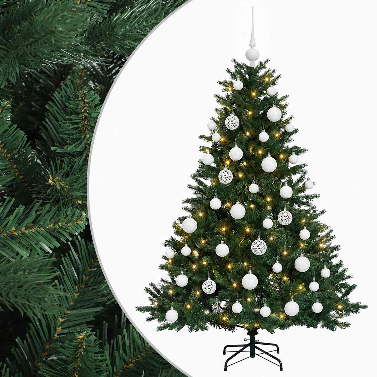 Műkarácsonyfa gömbbel 120 cm 150 LED Meleg fehér PVC és fém