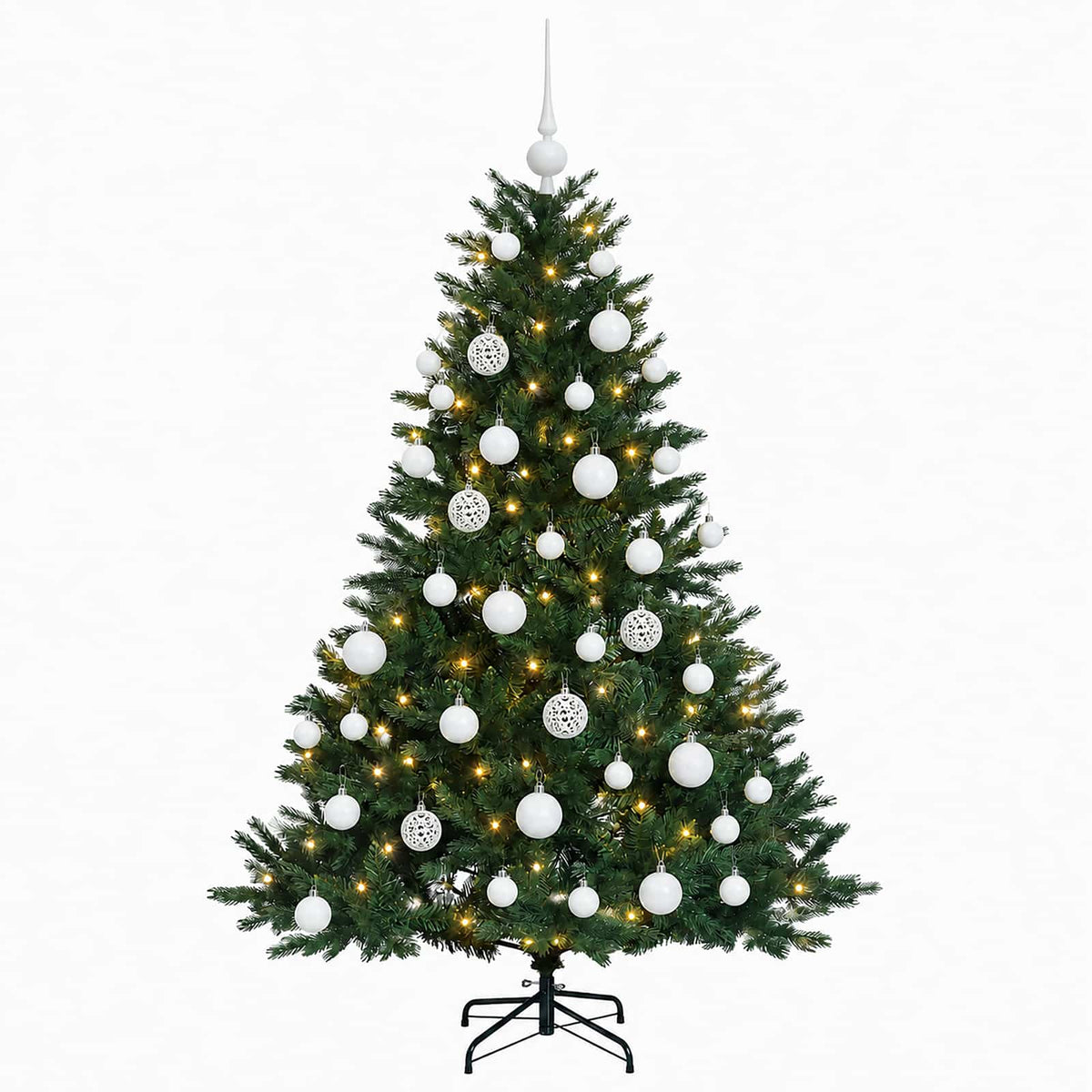 Műkarácsonyfa gömbbel 120 cm 150 LED Meleg fehér PVC és fém