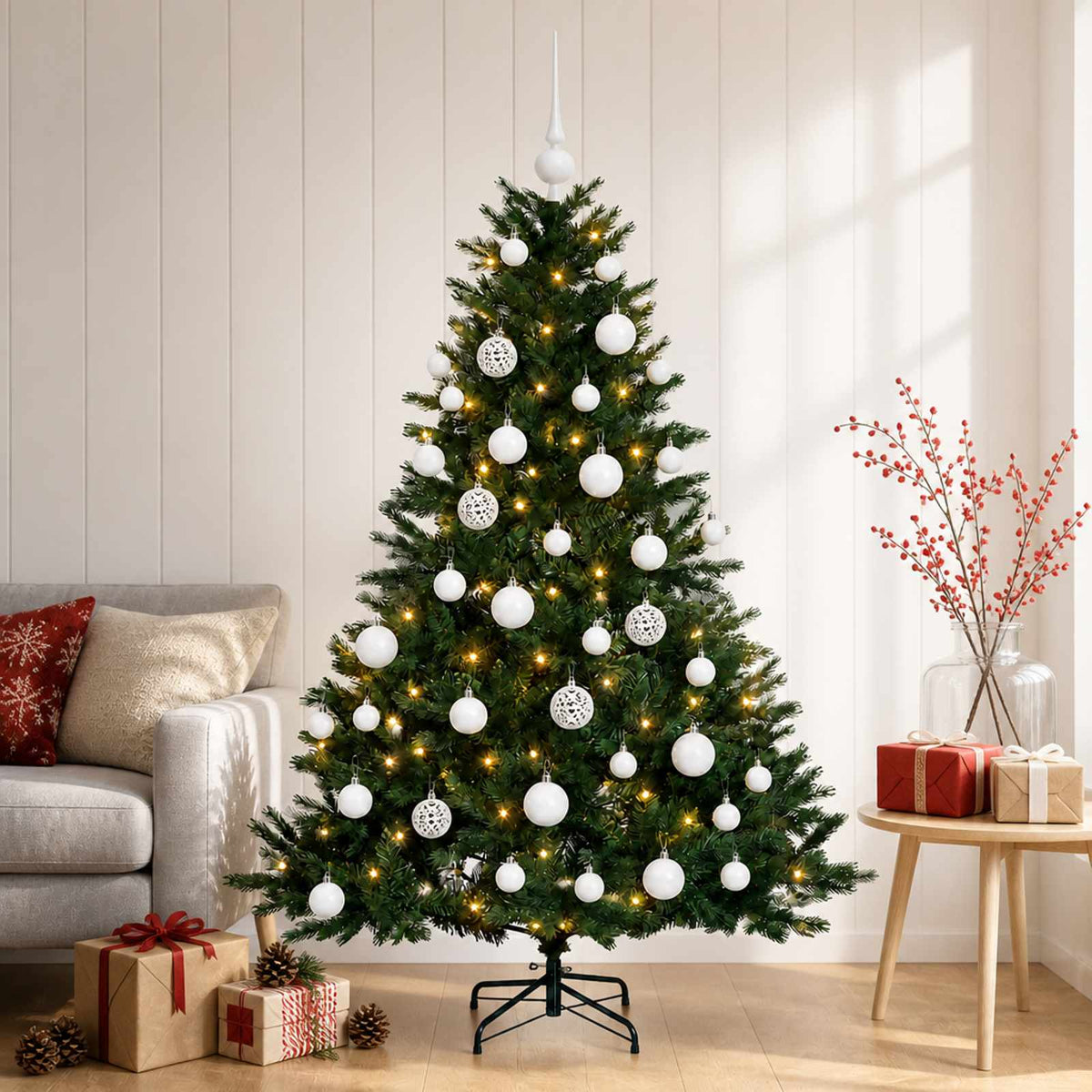 Műkarácsonyfa gömbbel 120 cm 150 LED Meleg fehér PVC és fém