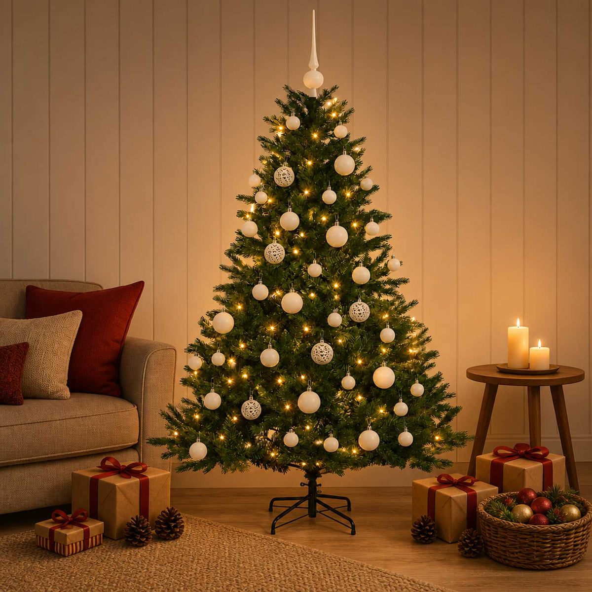 Műkarácsonyfa gömbbel 120 cm 150 LED Meleg fehér PVC és fém