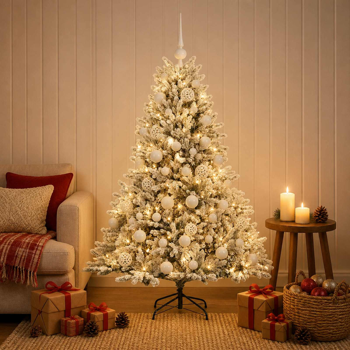 Műkarácsonyfa gömbbel 150 cm 150 LED Meleg fehér PVC és fém