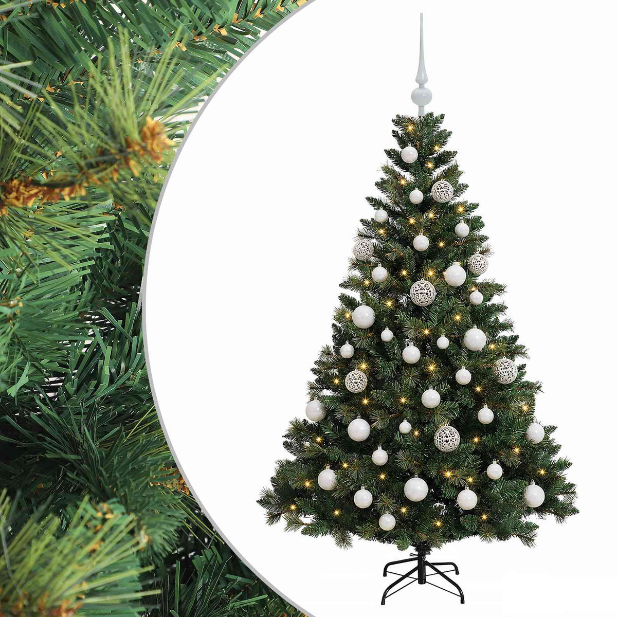 Műfenyő gömbökkel 150 cm 150 LED Meleg fehér PVC és fém Zöld