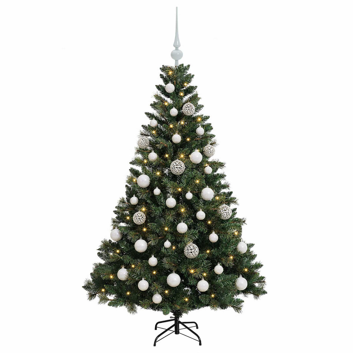 Műfenyő gömbökkel 150 cm 150 LED Meleg fehér PVC és fém Zöld