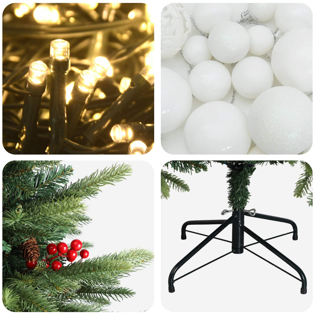 Műkarácsonyfa gömbbel 150 cm 150 LED Meleg fehér PVC és fém