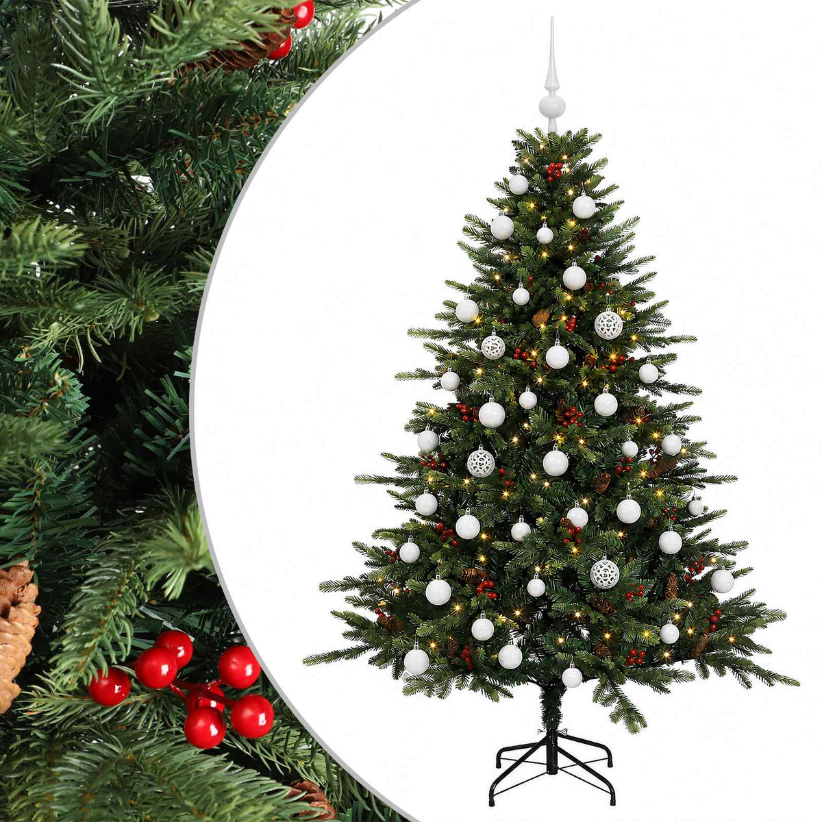 Műkarácsonyfa gömbbel 150 cm 150 LED Meleg fehér PVC és fém