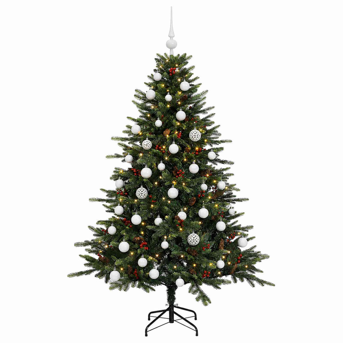 Műkarácsonyfa gömbbel 150 cm 150 LED Meleg fehér PVC és fém
