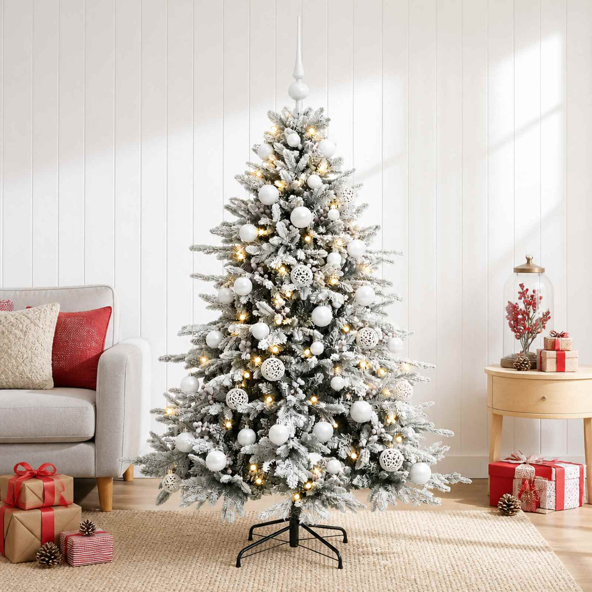 Műkarácsonyfa gömbbel 150 cm 150 LED Meleg fehér PVC és fém