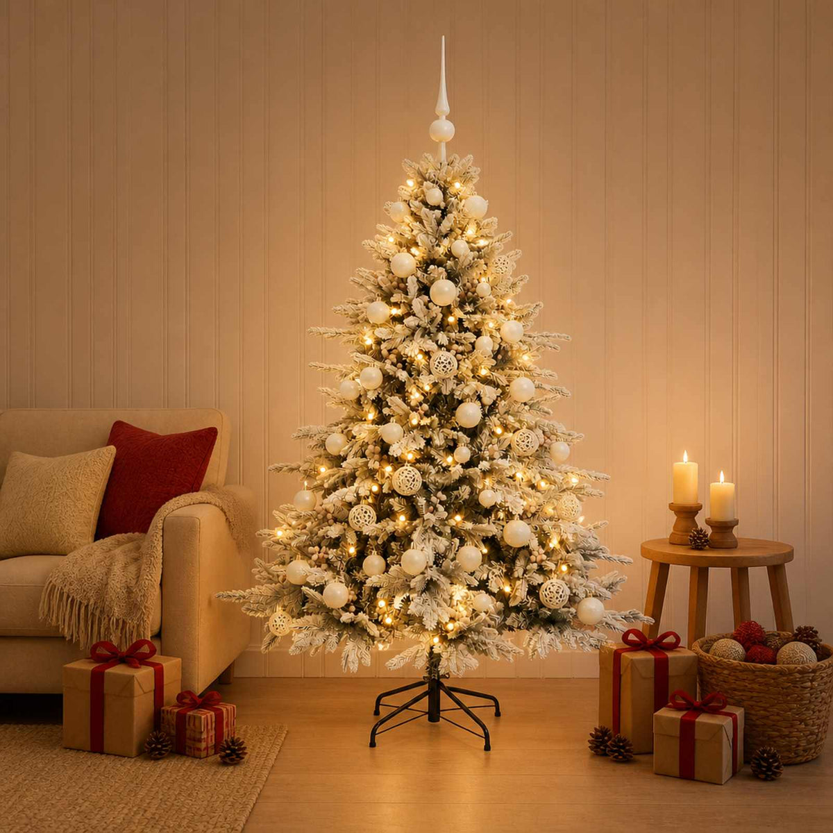 Műkarácsonyfa gömbbel 150 cm 150 LED Meleg fehér PVC és fém