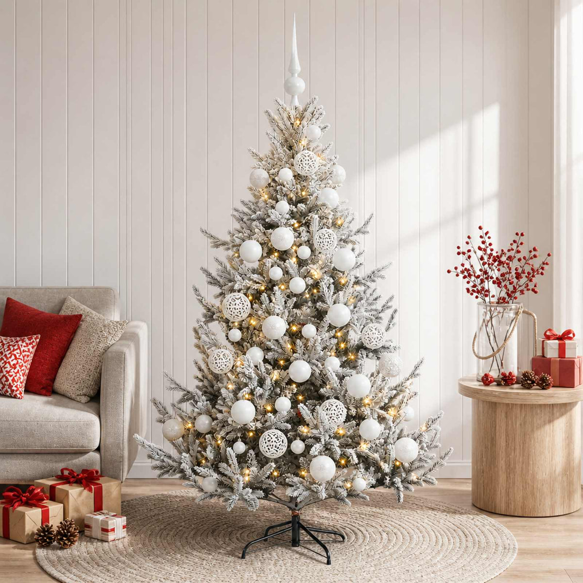 Műkarácsonyfa gömbbel 150 cm 150 LED Meleg fehér PVC és fém