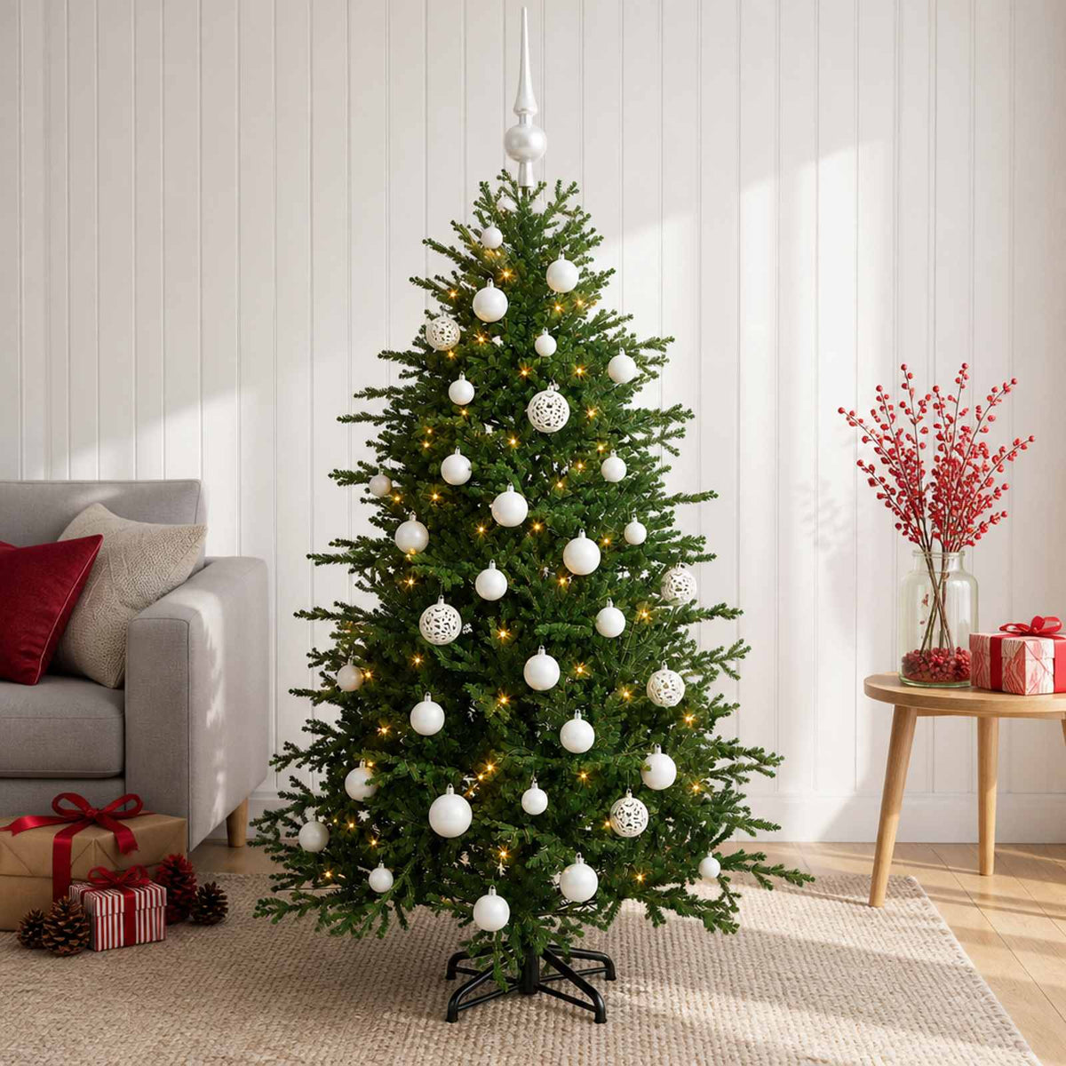 Műkarácsonyfa gömbbel 150 cm 150 LED Meleg fehér PVC és fém