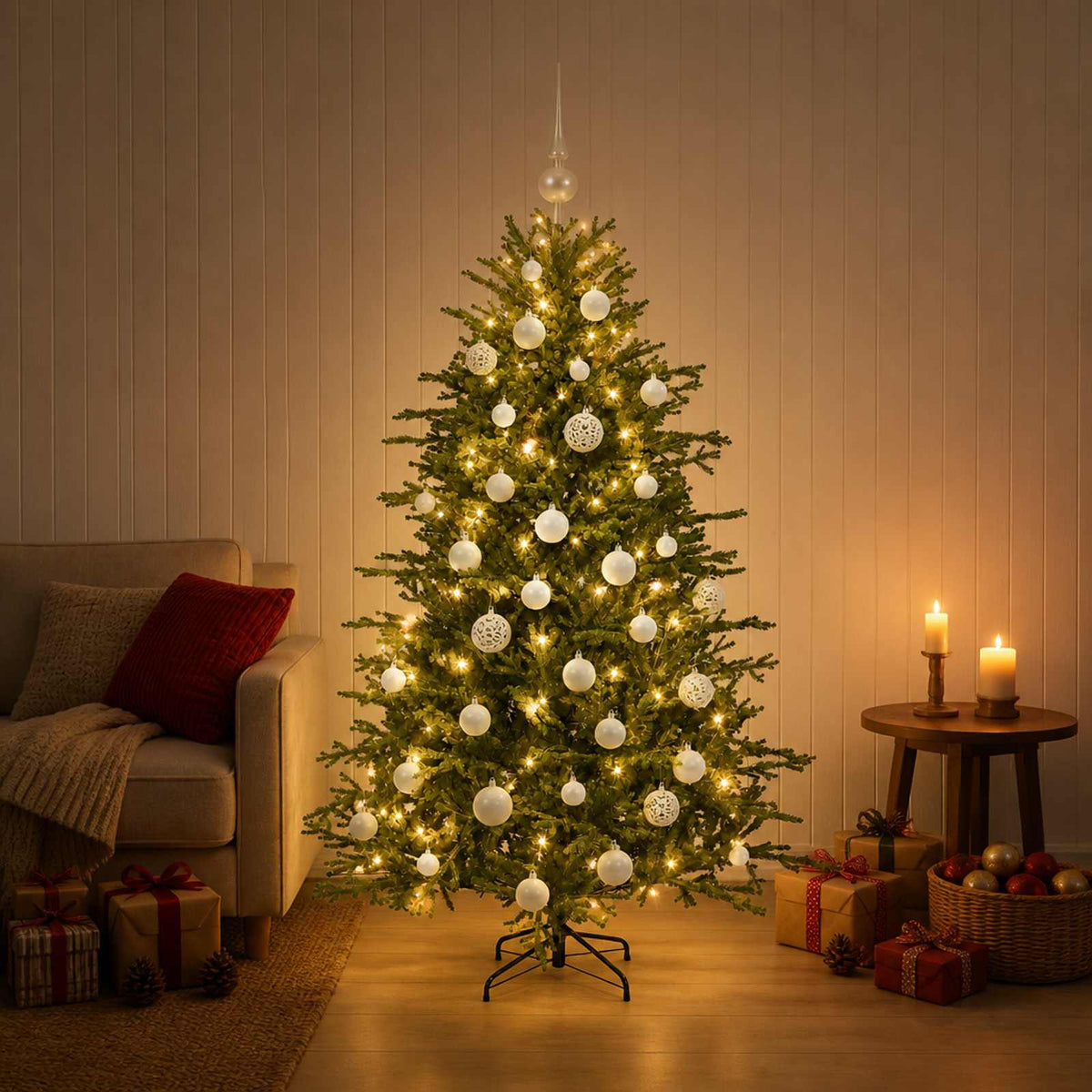 Műkarácsonyfa gömbbel 150 cm 150 LED Meleg fehér PVC és fém
