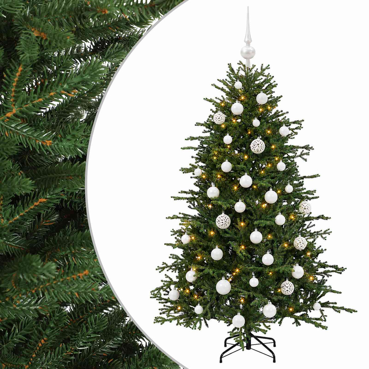 Műkarácsonyfa gömbbel 150 cm 150 LED Meleg fehér PVC és fém