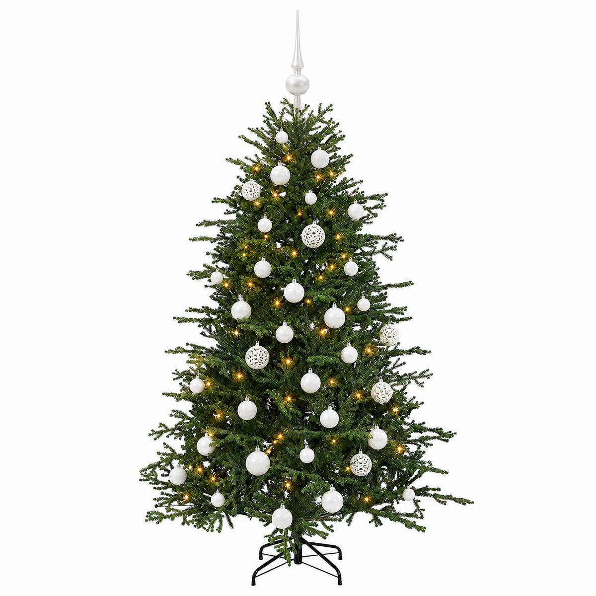 Műkarácsonyfa gömbbel 150 cm 150 LED Meleg fehér PVC és fém