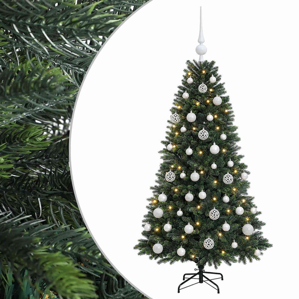 Műfenyő gömbökkel 120 cm 150 LED Meleg fehér PVC és fém Zöld