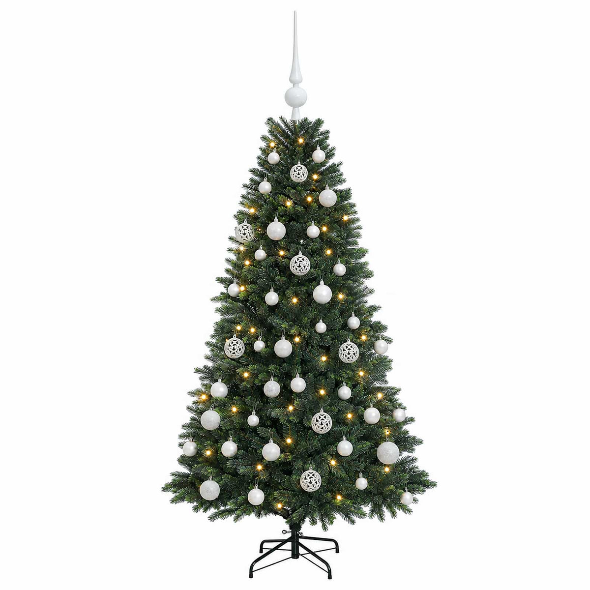 Műfenyő gömbökkel 120 cm 150 LED Meleg fehér PVC és fém Zöld