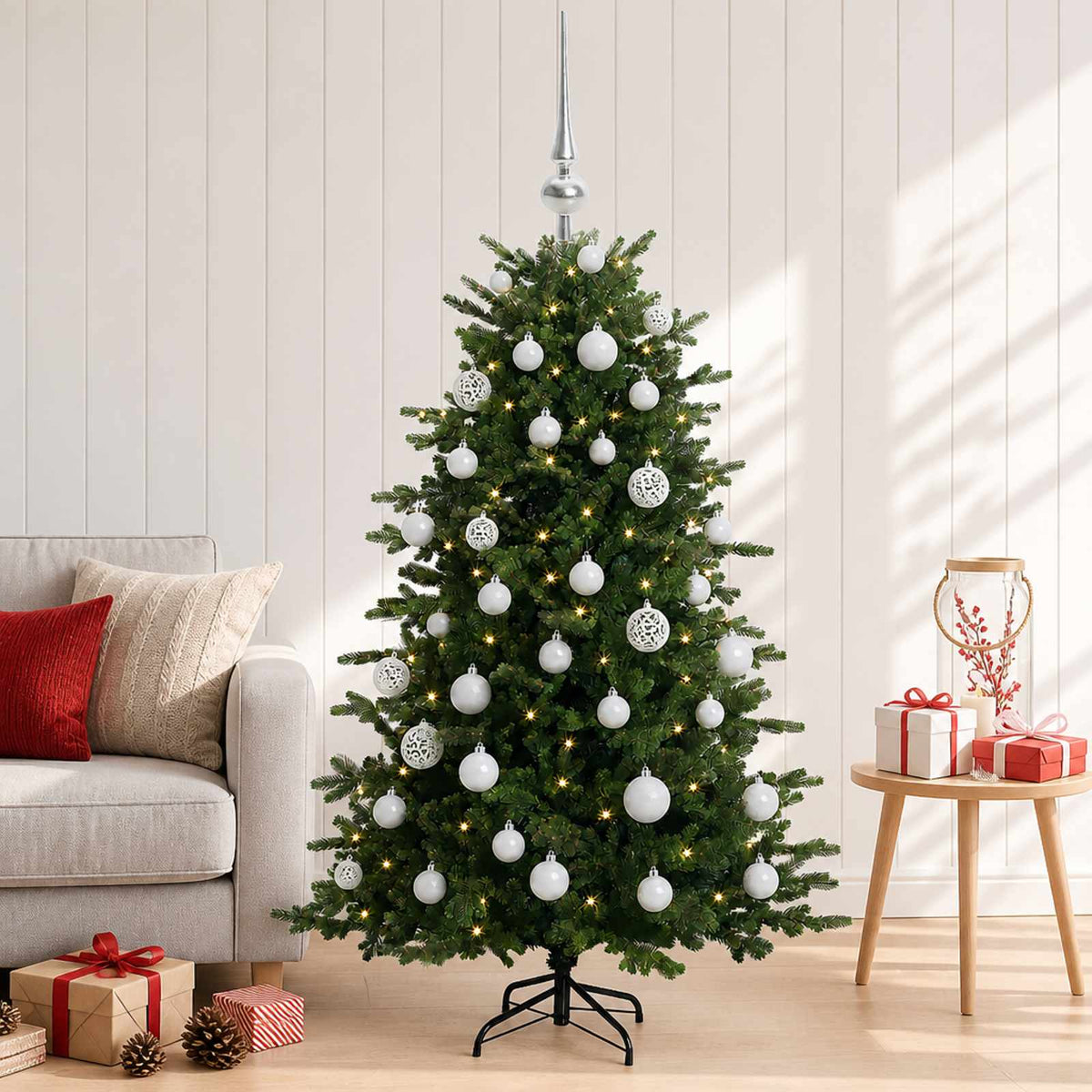 Műkarácsonyfa gömbbel 120 cm 150 LED Meleg fehér PVC és fém