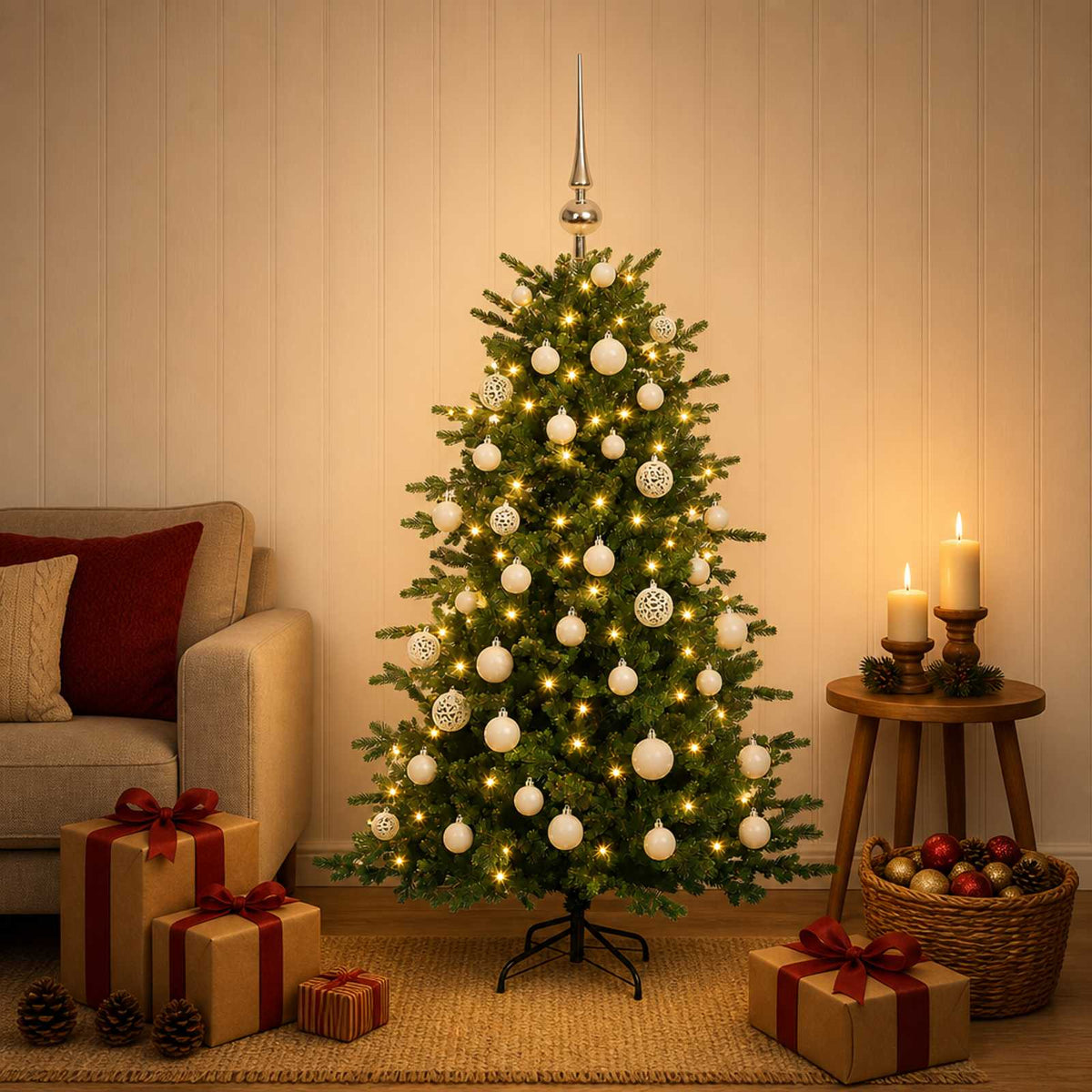 Műkarácsonyfa gömbbel 150 cm 150 LED Meleg fehér PVC és fém