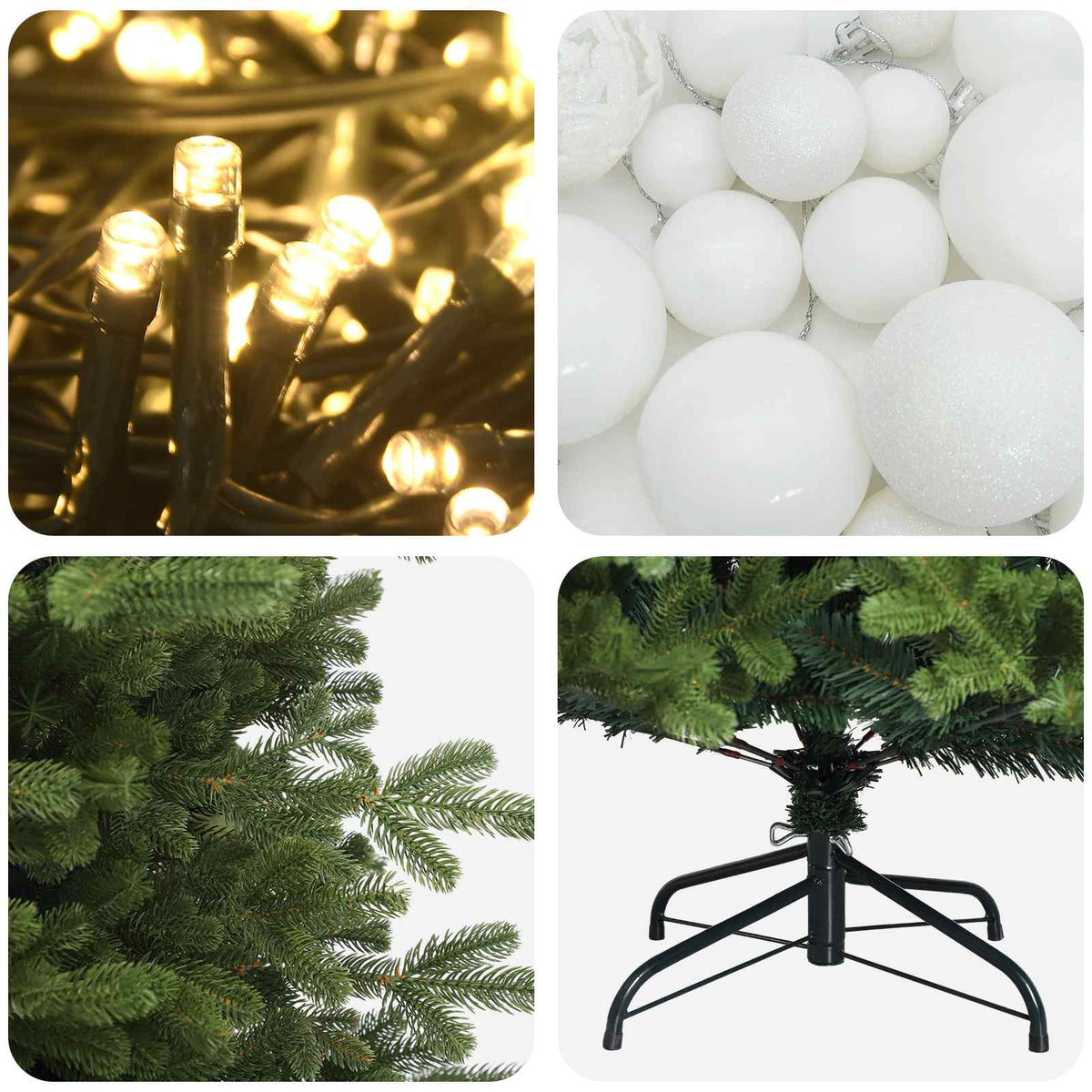 Műkarácsonyfa gömbbel 150 cm 150 LED Meleg fehér PVC és fém