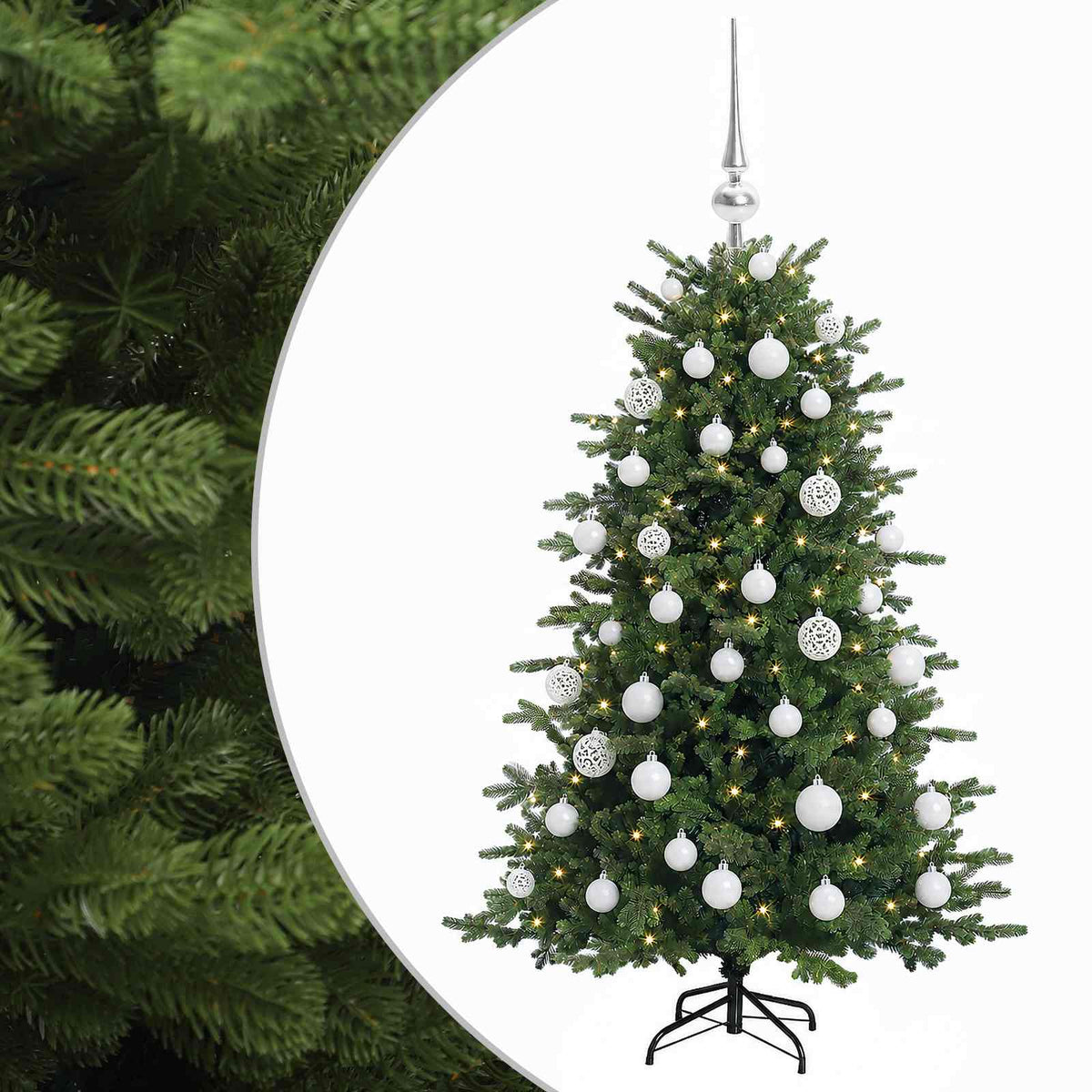 Műkarácsonyfa gömbbel 150 cm 150 LED Meleg fehér PVC és fém