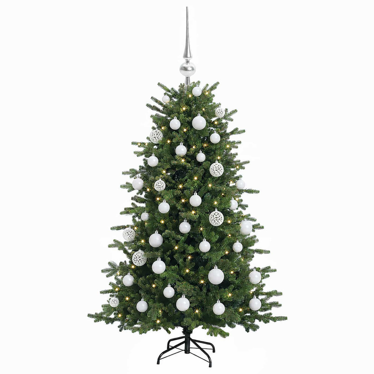 Műkarácsonyfa gömbbel 150 cm 150 LED Meleg fehér PVC és fém