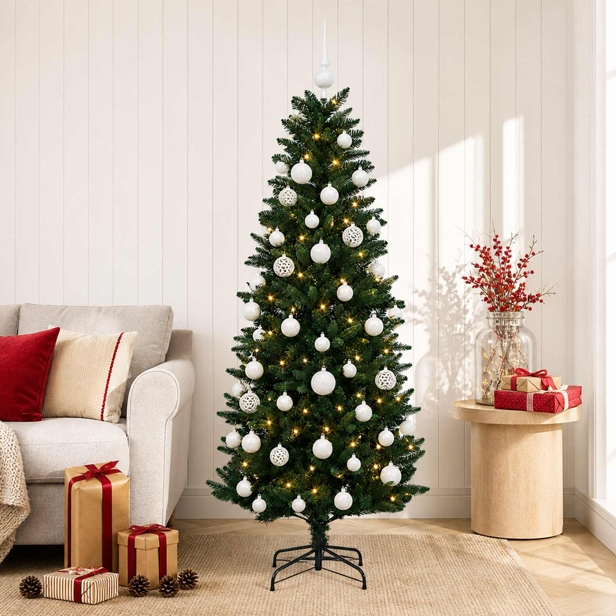 Műfenyő gömbökkel 120 cm 150 LED Meleg fehér PE és PVC Green