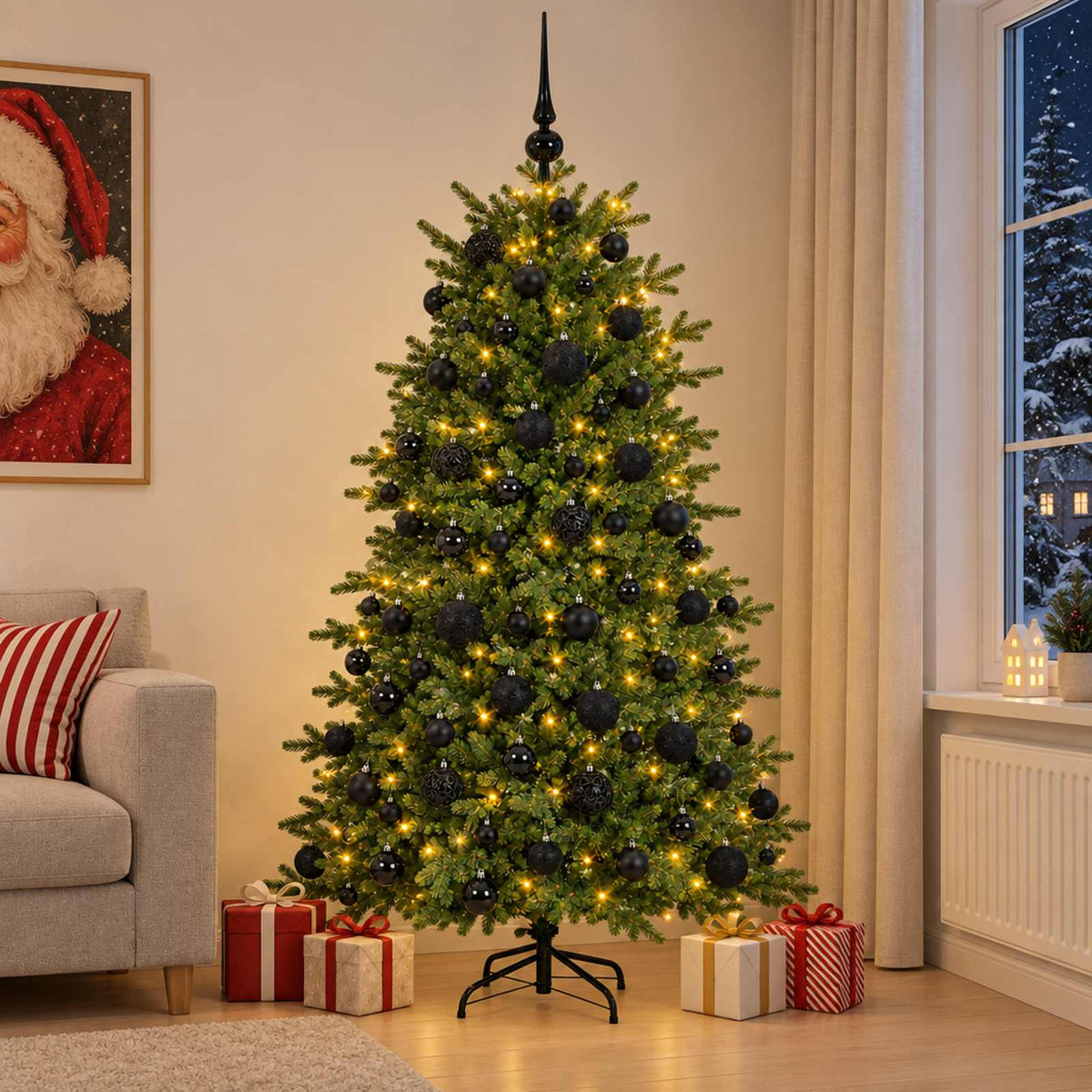Műkarácsonyfa gömbbel 180 cm 300 LED Meleg fehér PVC és fém