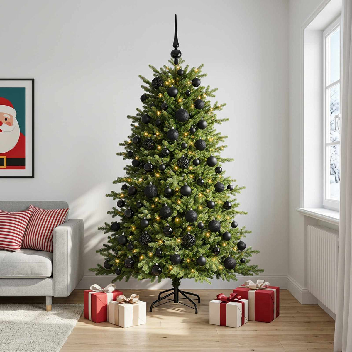Műkarácsonyfa gömbbel 180 cm 300 LED Meleg fehér PVC és fém