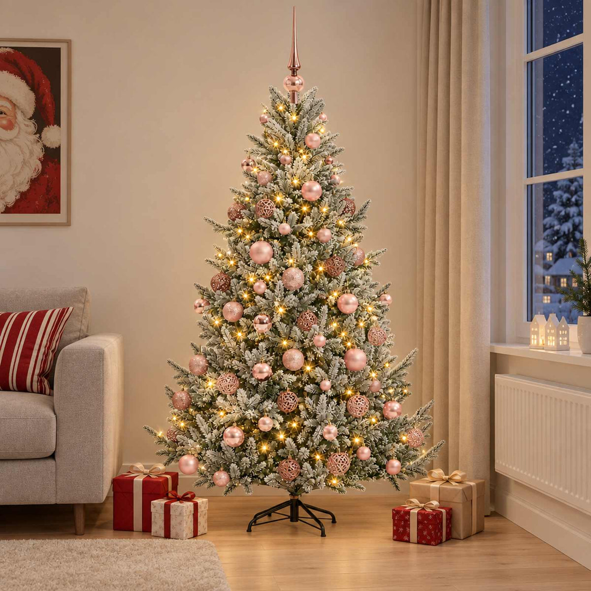 Műkarácsonyfa gömbbel 210 cm 300 LED Meleg fehér PVC és fém