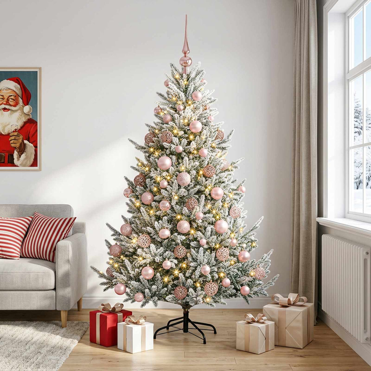 Műkarácsonyfa gömbbel 210 cm 300 LED Meleg fehér PVC és fém