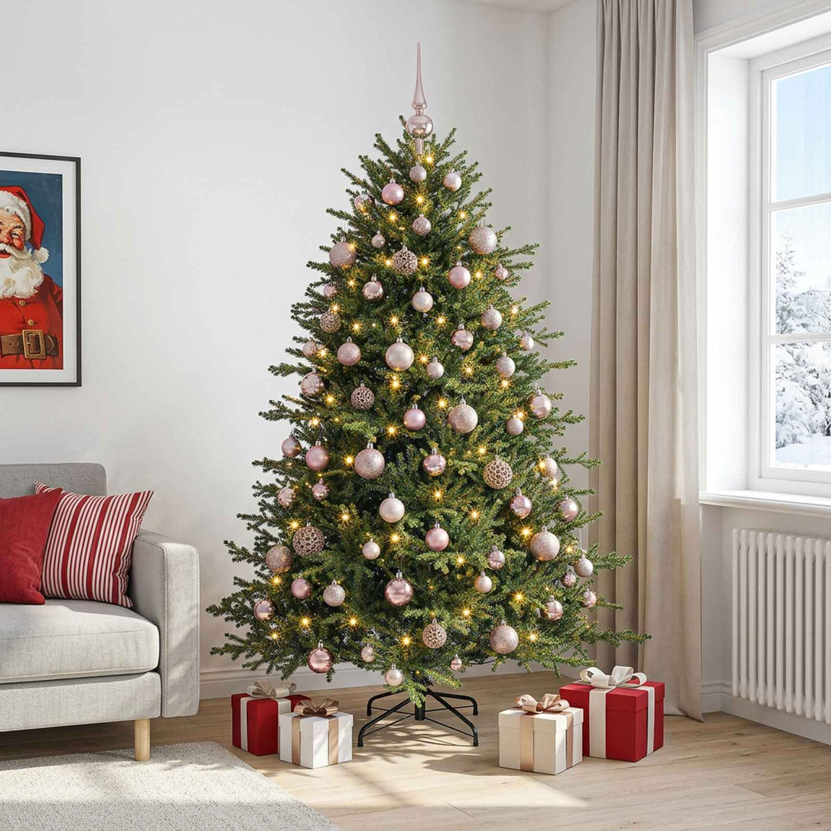 Műkarácsonyfa gömbbel 210 cm 300 LED Meleg fehér PVC és fém