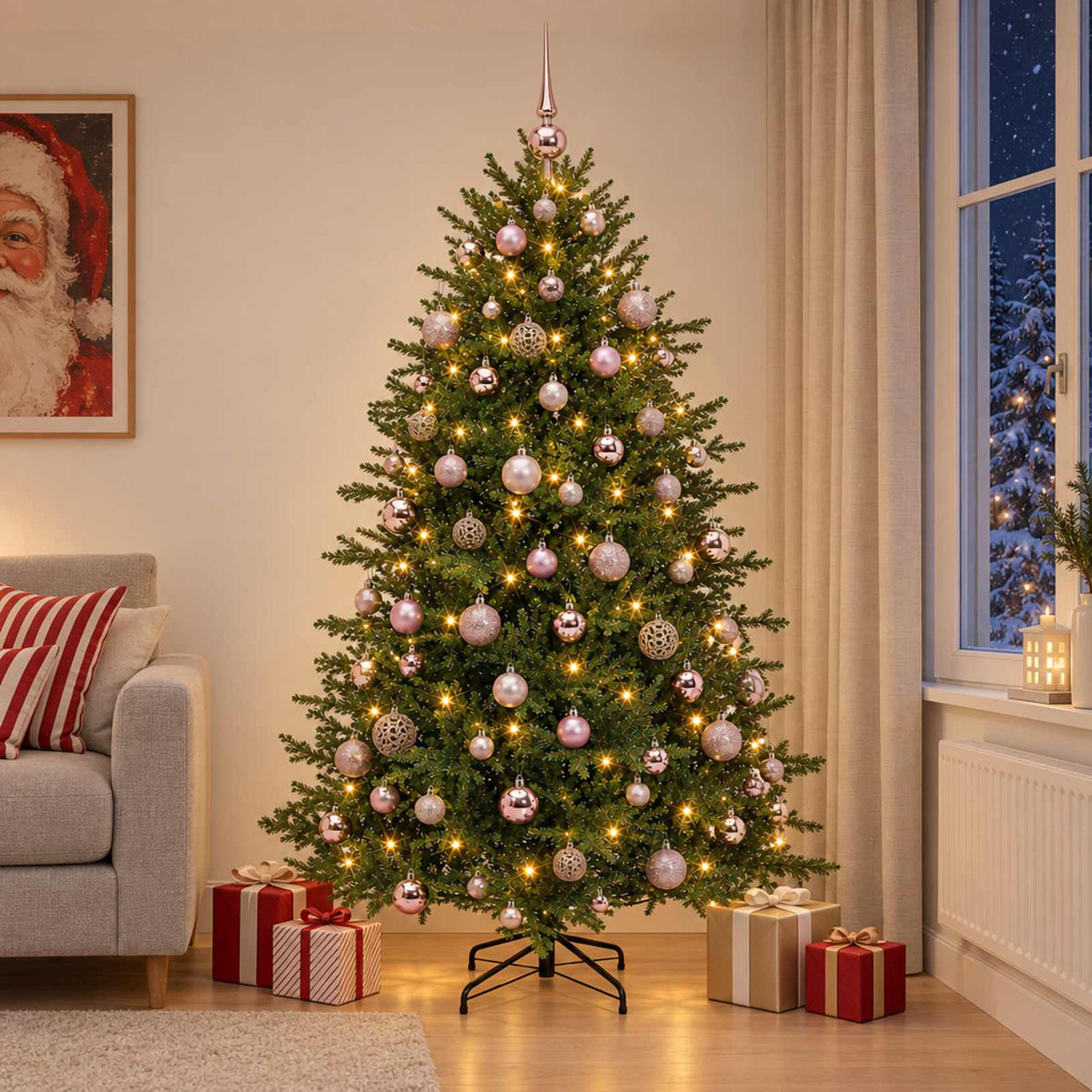 Műkarácsonyfa gömbbel 210 cm 300 LED Meleg fehér PVC és fém