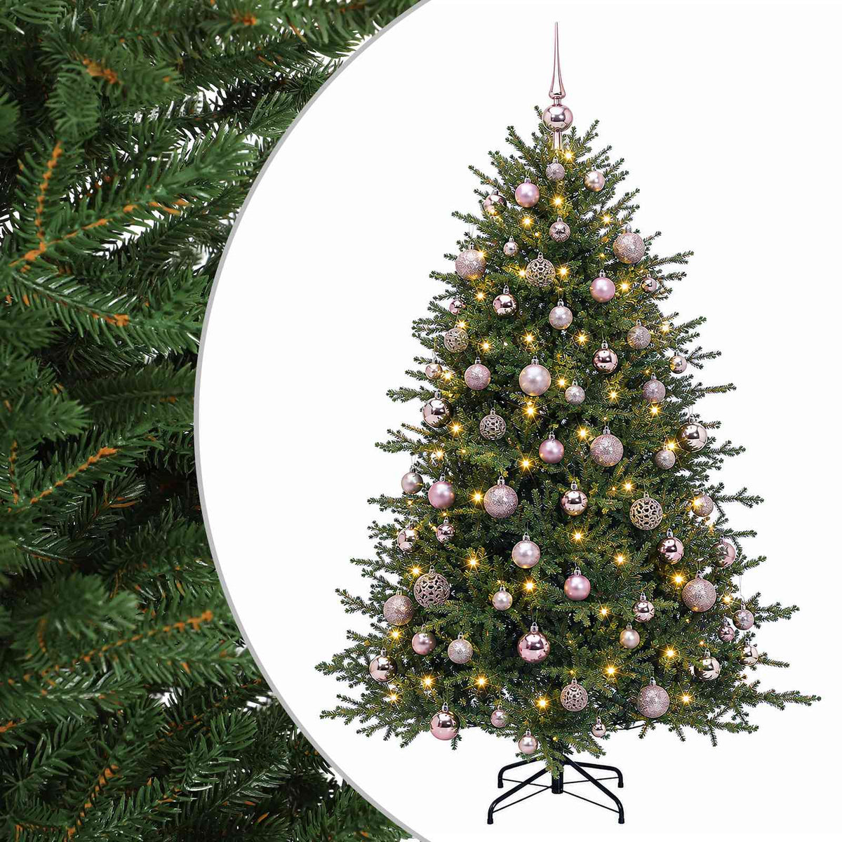 Műkarácsonyfa gömbbel 210 cm 300 LED Meleg fehér PVC és fém
