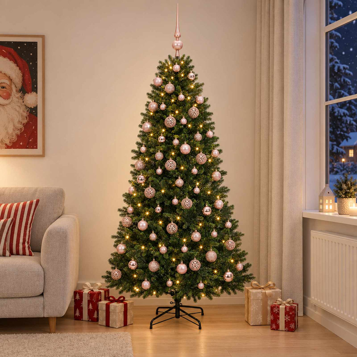 Műfenyő gömbökkel 180 cm 300 LED Meleg fehér PVC és fém Zöld