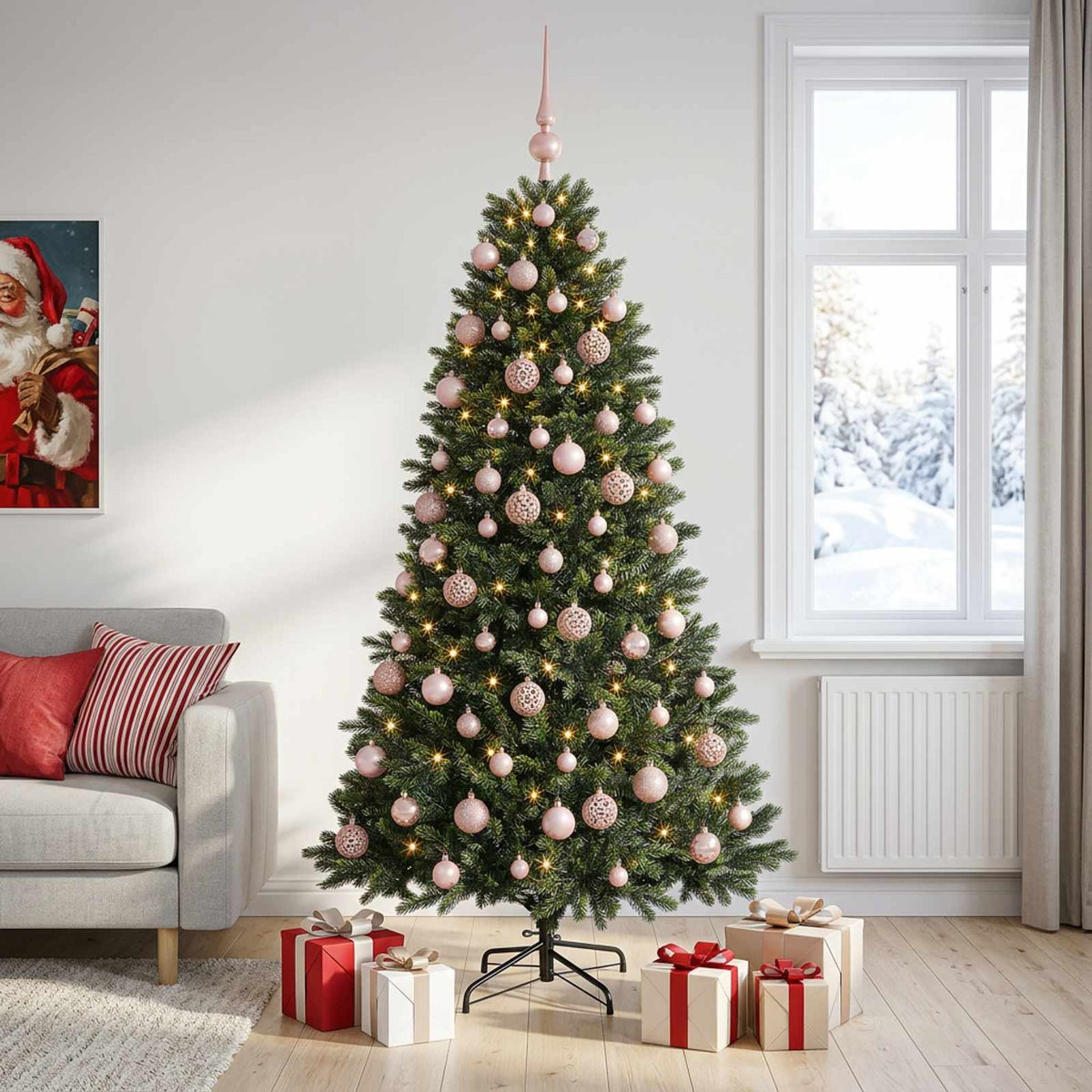 Műfenyő gömbökkel 240 cm 300 LED Meleg fehér PVC és fém Zöld