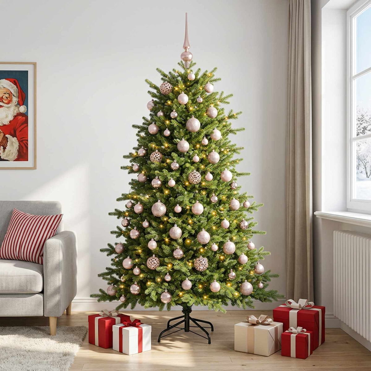 Műkarácsonyfa gömbbel 180 cm 300 LED Meleg fehér PVC és fém