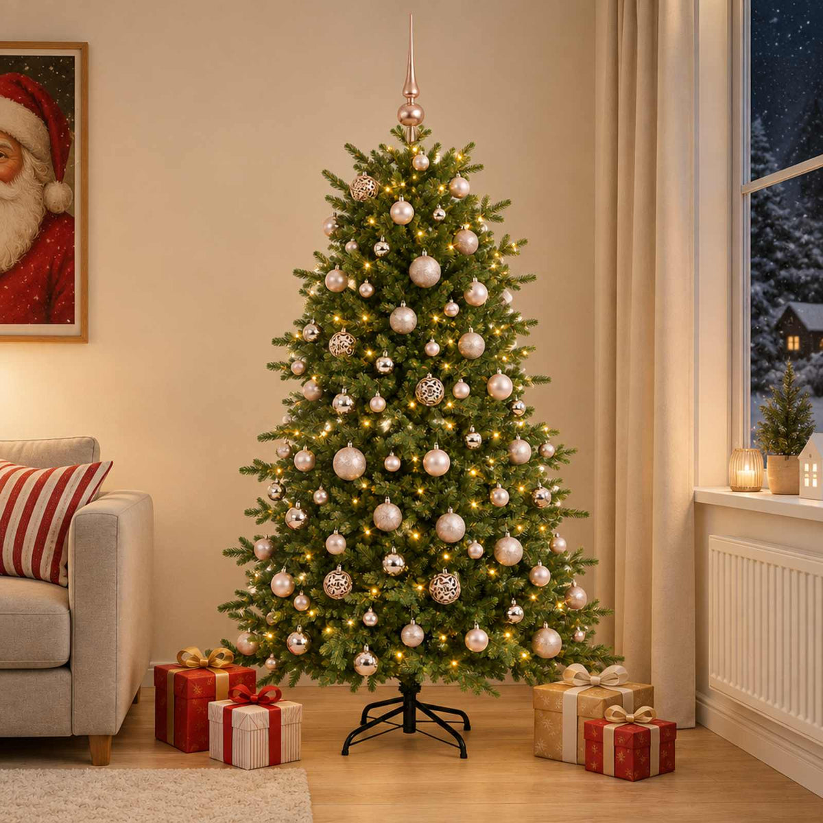 Műkarácsonyfa gömbbel 210 cm 300 LED Meleg fehér PVC és fém