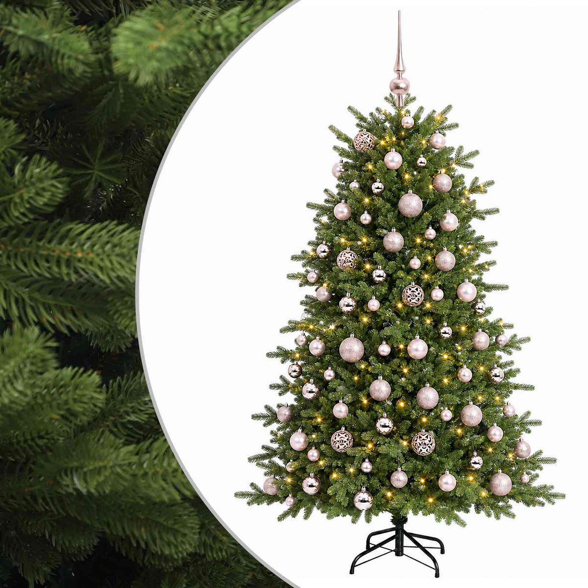 Műkarácsonyfa gömbbel 180 cm 300 LED Meleg fehér PVC és fém