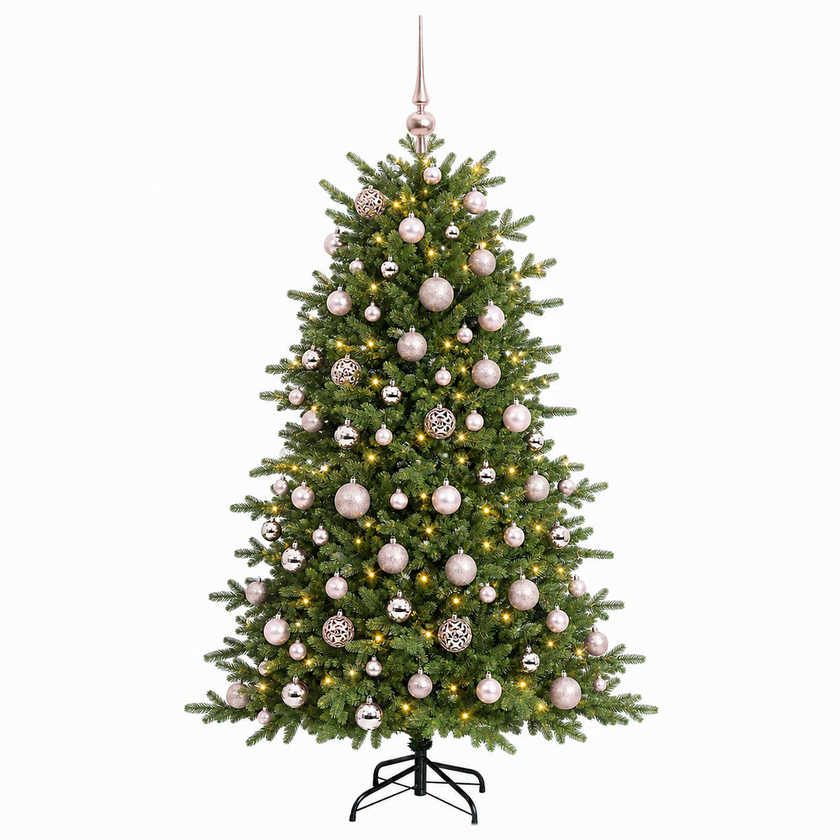 Műkarácsonyfa gömbbel 180 cm 300 LED Meleg fehér PVC és fém