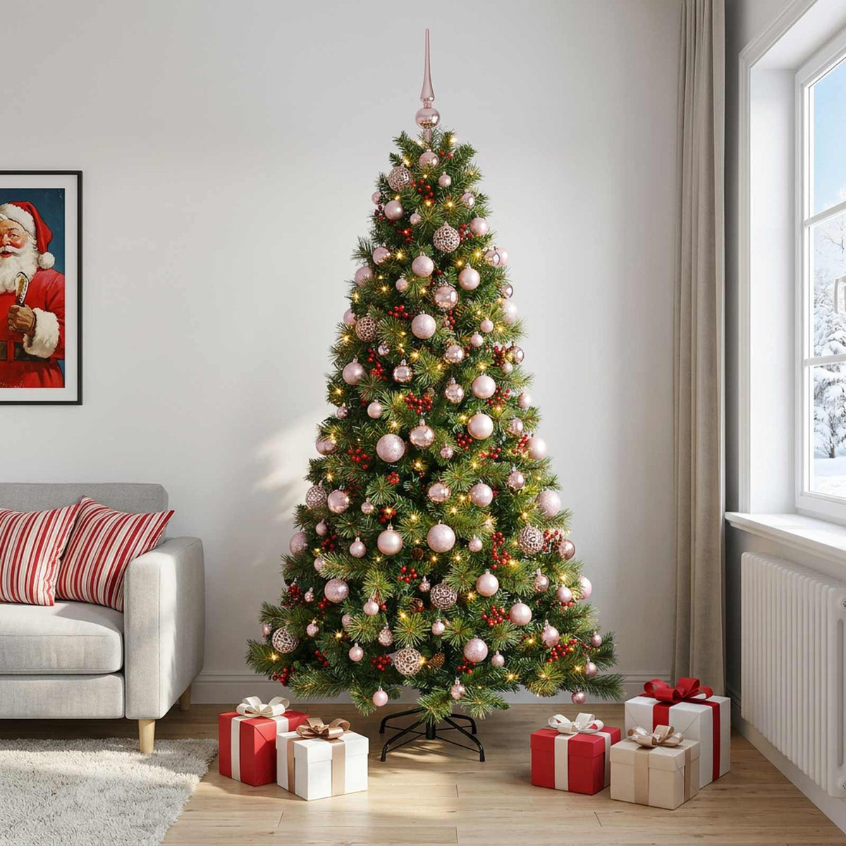 Műkarácsonyfa gömbbel 180 cm 300 LED Meleg fehér PVC és fém