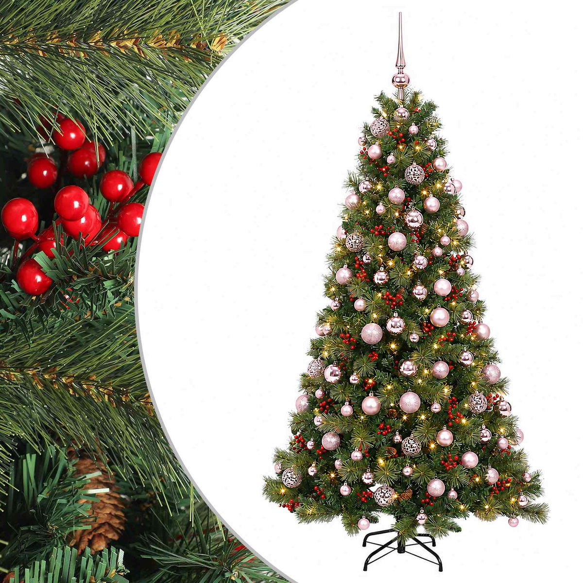 Műkarácsonyfa gömbbel 180 cm 300 LED Meleg fehér PVC és fém