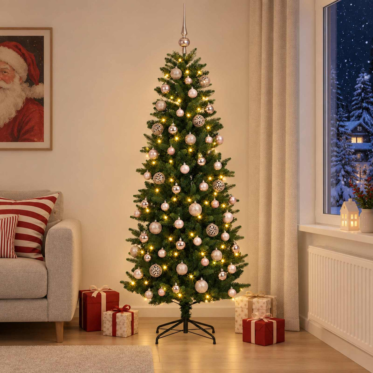 Műfenyő gömbökkel 180 cm 300 LED Meleg fehér PE és PVC Green