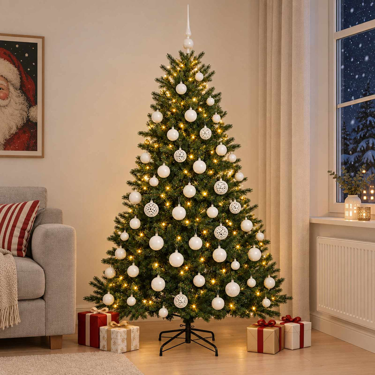 Műkarácsonyfa gömbbel 240 cm 300 LED Meleg fehér PVC és fém
