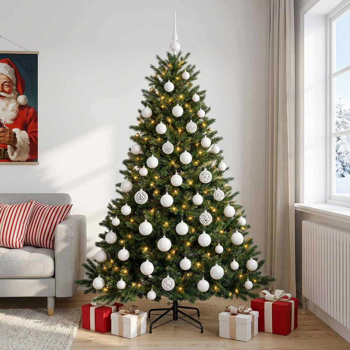 Műkarácsonyfa gömbbel 240 cm 300 LED Meleg fehér PVC és fém