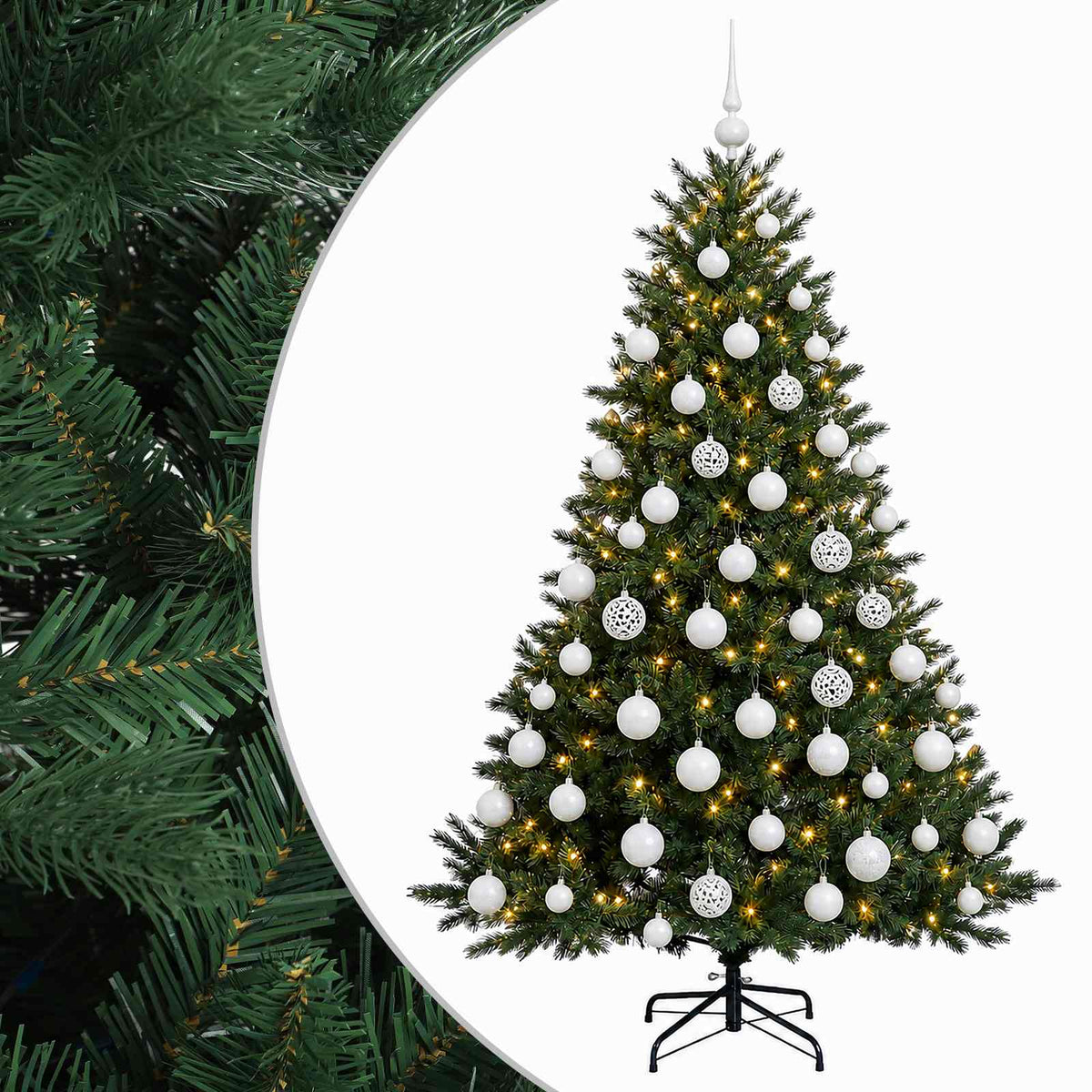 Műkarácsonyfa gömbbel 180 cm 300 LED Meleg fehér PVC és fém