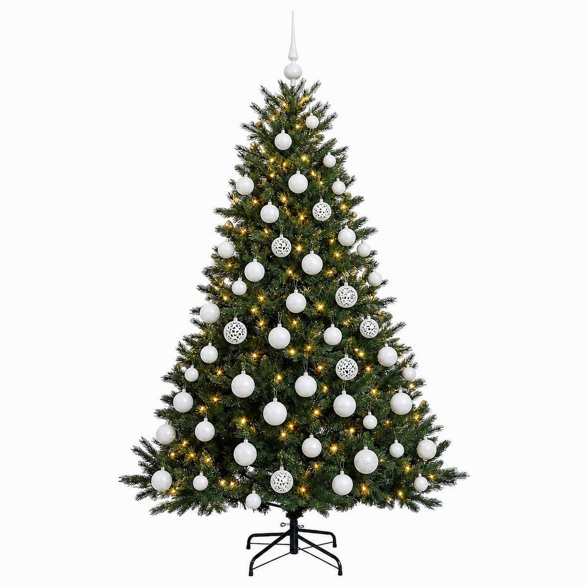 Műkarácsonyfa gömbbel 180 cm 300 LED Meleg fehér PVC és fém