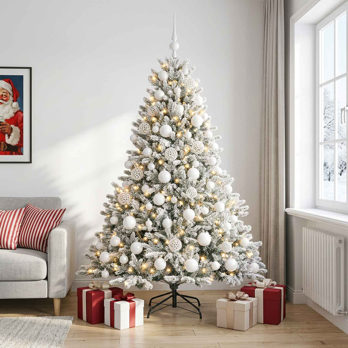 Műkarácsonyfa gömbbel 210 cm 300 LED Meleg fehér PVC és fém